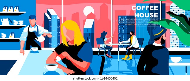 Coffee house flat vector landing page template. People drinking beverages in contemporary cafe banner layout with header. Modern coffeehouse interior cartoon illustration with text space