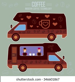 Coffee house food car icon. Brew coffee for sale. Different varieties of coffee, symbol, restaurant, auto, mobile cafe ware, hot coffee, coffee machine. Coffee logo, icon. Flat design coffee on wheels