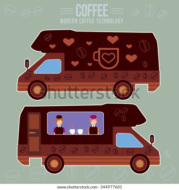 Coffee house food car icon. Brew coffee for sale.\
Different varieties of coffee, symbol, restaurant, auto, mobile\
cafe ware, hot coffee, coffee machine. Coffee logo, icon. Flat\
design coffee on wheels