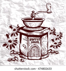 Coffee house. Coffee grinder in a home of the bean. Background of crumpled paper. Vector illustration
