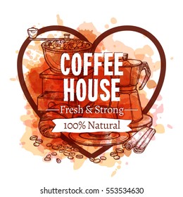 Coffee House Hand Drawn Creative Concept With Watercolor Effect In Heart