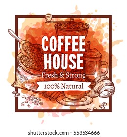 Coffee House Hand Drawn Creative Concept With Watercolor Effect In Square