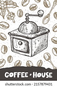 Coffee house hand drawn illustration with typography. Cup silhouette with coffee beans and plants steam. Colored grunge style hot drink lettering with ink drops