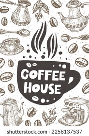 Coffee house hand drawn illustration with typography. Cup silhouette with coffee beans and plants steam. Colored grunge style hot drink lettering with ink drops