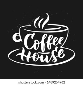 Coffee house hand drawn lettering composition and clipart element for logos, posters, templates, postcard, banner, etc. Print logo doodle on cup, bag, shirt. Typography phrase eps10