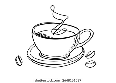 Coffee House. Hand holding takeaway cup with coffee and text on white background. Vector hand drawn lettering. Template of banner, poster for coffee shop, restaurant, company, cafe. Coffee break