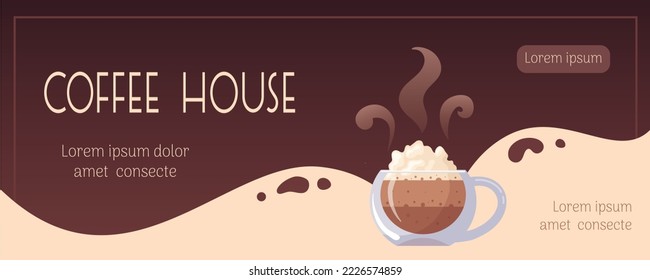 Café. Banner horizontal con una taza de vidrio de capuchino caliente de varias capas con espuma exuberante de crema batida. Ilustración vectorial de comida para tienda, bar cafetería, barista, volante, publicidad, promoción, menú