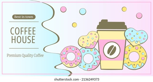 Coffee house horizontal banner for Coffee shop, Coffee house, cafe-bar, barista, drink. Vector illustration for poster, banner, flyer, advertising, commercial.