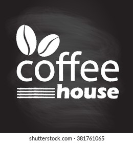Coffee house icon with coffee beans. Menu restaurant template isolated on blackboard texture with chalk rubbed background. Cafe decoration template. Vector illustration.