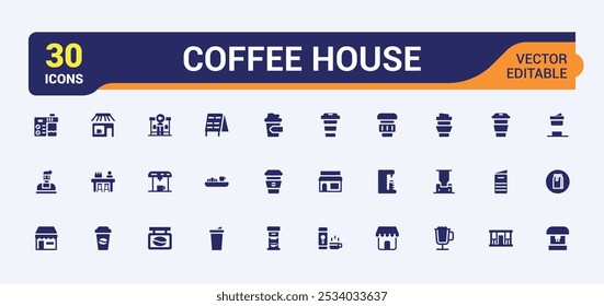 Coleção de ícones da cafeteria. Relacionado com café, café, xícara de café, barista, café com leite e assar. Conjunto mínimo de ícones preenchidos. Símbolo editável e pixel perfeito.