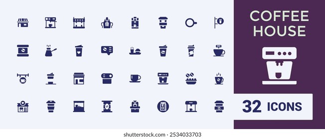 Coleção de ícones da cafeteria. Relacionado com café, café, xícara de café, barista, café com leite e assar. Conjunto mínimo de ícones preenchidos. Símbolo editável e pixel perfeito.