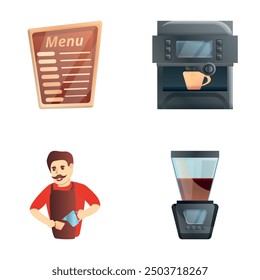 Coffee house icons set cartoon vector. Barista man and cafe equipment. Freshly prepared drink