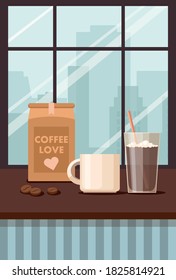 Coffee house inside. Cup, mug and coffee beans in the package. Vector Illustration