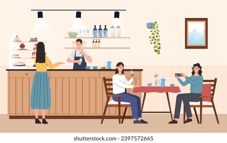 El concepto de la casa de café. Escena con los visitantes de la cafetería. Mujeres sentadas en mesa con té, tazas en bebida caliente. La gente en los edificios de restauración. Afiche o pancarta. Dibujo vectorial plano de dibujos animados