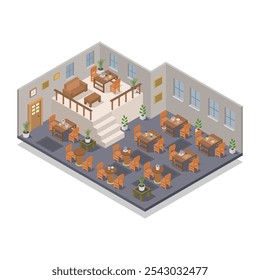 Ilustración isométrica interior de la cafetería sobre fondo blanco
