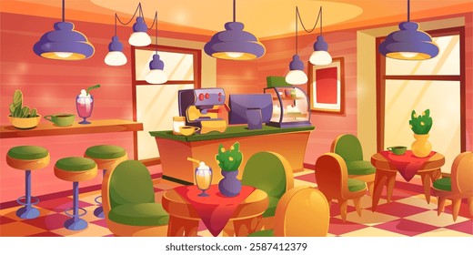 Coffee house interior with wooden tables decorated with flowers and chairs, counter and lamps. Vector large windows and hanging chandeliers. Empty bakery shop with cake on showcase, cups and desserts