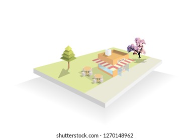 Coffee house isometric design on green grass with isolated white background,building business small shop in the city,coffee shop design,vector art and illustration.chairs and table,cartoon modern.
