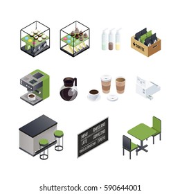 Coffee house isometric elements set with cups black board seats coffee machine and sweet donuts cakes vector illustration