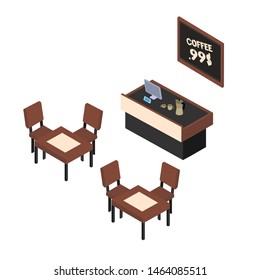 Coffee house isometric vector illustration. Coffee shop counter, tables with chairs isolated 3d clipart. Cafe, restaurant seating, advertisement chalk board. Bistro, cafeteria design element