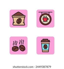 Coffee house line icon set. Coffeepot, pack beans, hot drink decor, aroma, plastic glass takeaway coffee. Hot drink coffee shop concept. Can be used for topics like beverage, service, agriculture