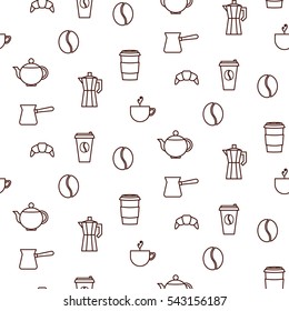 Coffee house line icons seamless vector pattern. Barista tools background.