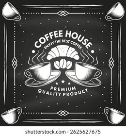 Logo de la cafetería, insignia, diseño de parche en la pizarra. Vector. Concepto para el logotipo de la cafetería y del restaurante, marca, etiqueta. Logo con granos de café, taza y croissant.
