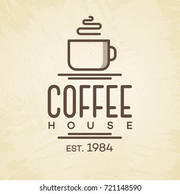 Coffee house logo with cup line style on background for cafe, shop, restaurant. Vector design elements, logos, identity, labels, badges and other branding objects. Vector illustration.