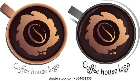 Coffee house logo. A cup of coffee set. Coffee grain. Vector illustration. 