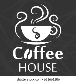Coffee house logo design with cup silhouette on abstract background