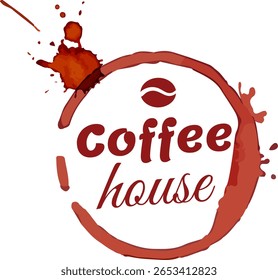 Projeto logotipo da casa de café com uma mancha de xícara de café e splash, combinado com um símbolo de grão de café, formando um círculo que envolve a casa de café texto dentro