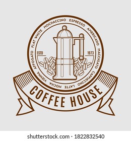 Coffee house logo design template. Emblem, label, sticker elements for cafe and restaurant. Vector illustration with coffee maker and text in a circle in retro style.