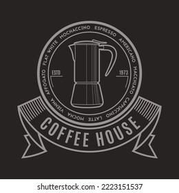 Coffee house logo design template. Emblem, label, sticker elements for cafe and restaurant. Vector illustration with coffee maker and text in a circle in retro style.