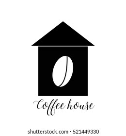 Coffee house logo design template. Vector illustration label with coffee bean inside of a house.