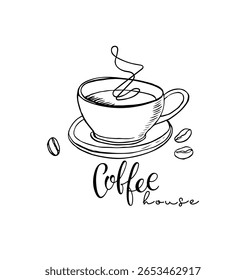 Logo da casa de café. Esboço de xícara de bebida quente com grãos de café e texto. Sinal preto-branco isolado de vetor. Bebida fumegante aromática. Bebidas Publicidade para menu café, decoração de festa, modelo de bebida, logotipo