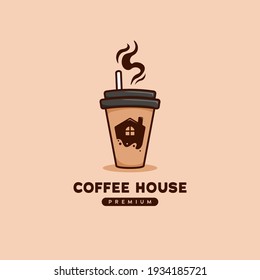 Coffee house logo with house icon inside coffee to go paper cup illustration in cartoon style