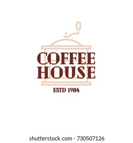 Coffee house logo with coffee machine line style isolated on white background for cafe, restaurant, shop, market, menu. Labels, badges and branding objects. Vector illustration