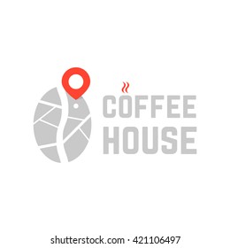 Coffee House Logo With Map Pin. Concept Of Visual Identity, Flavor, Coffe Break, Club, Grain, Cacao, Cappuccino. Flat Style Trend Modern Brand Graphic Design Vector Illustration On White Background