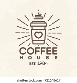 Coffee house logo with paper cup of coffee line style isolated on background for cafe, shop. Vector design elements, logos, identity, labels, badges and other branding objects. Vector illustration.
