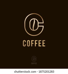 Coffee House logo. Coffee shop and cafeteria emblem. Coffee bean inside the letter C. Gold  monogram. Logo for label and packaging. 