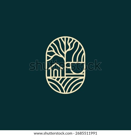 Coffee House Logo Vector Design – Minimal Line Art With Tree, House, And Cup