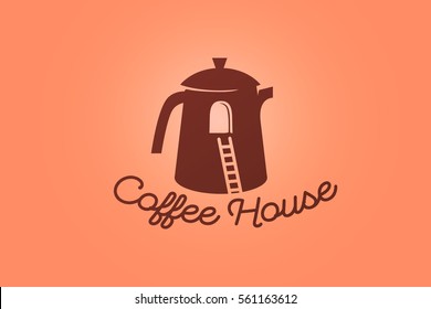 Coffee house logotype design. Tea house shape. Kettle and ladder. Coffee logo