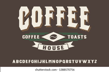 Coffee house logotype. Serif hand made font. Toasts. 3D font.