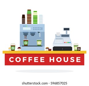 Coffee house with machine and cups vector flat material design isolated on white