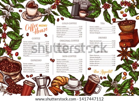Coffee house or café menu with beans and cofee tree plant. Vector sketch background, hand drawn illustration