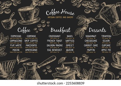 Coffee house menu blackboard . Vector drink flyer for restaurant, bar and cafe. Design template with vintage hand-drawn sketch illustrations.