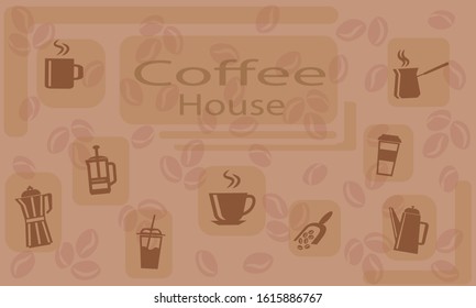 Coffee house menu, business concept, coffee pots icons, stylish background.