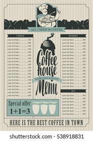 coffee house menu for a price list and a chef and a tray