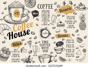 Coffee house menu. Restaurant cafe menu, template design. Food flyer.