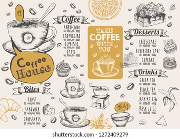 Coffee house menu. Restaurant cafe menu, template design. Food flyer.