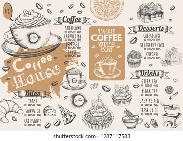 Coffee house menu. Restaurant cafe menu, template design. Food flyer.